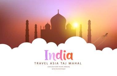 Seyahat Hindistan, Beyaz bulut tasarımı, Vektör illüstrasyon Taj Mahal siluet renkli günbatımı arka plan