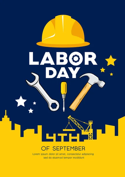 劳动节工程师帽与扳手 锤矢量和建筑建筑黄色和海军蓝色背景 — 图库矢量图片
