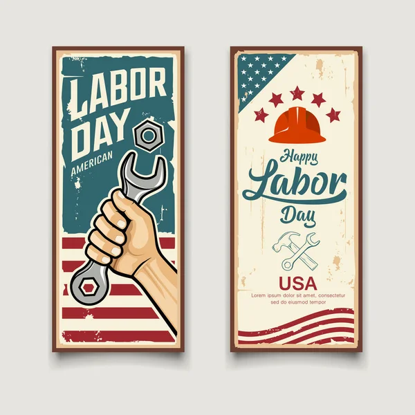 Feliz Día Del Trabajo América Vector Bandera Llave Mano Banderas — Vector de stock