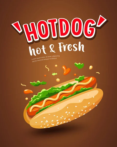 Διάνυσμα Hot Dog Ζεστό Και Φρέσκο Σχέδιο Πόστερ Καφέ Φόντο — Διανυσματικό Αρχείο