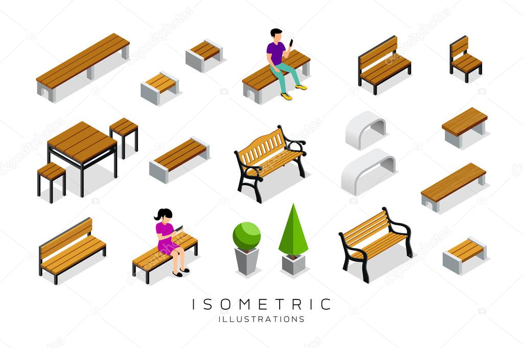 Vector isometric wooden bench collection with man and woman background, illustration