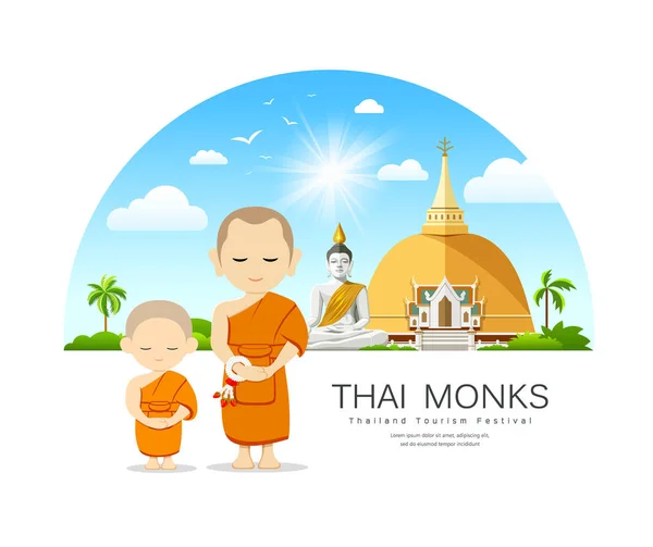 Monks Novices Thailand Vector Have Temple Colud Blue Sky Tree — Stock Vector