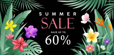 Afiş yaz satış siyah arka plan, illüstrasyon üzerinde yeşil feaf ve çiçek ile tropikal vektör