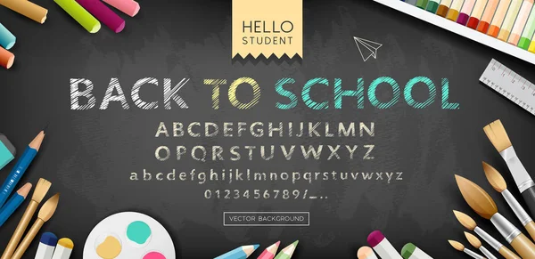 黒の背景 イラストに学校のアルファベットスケッチデザインに戻るベクトルバナー — ストックベクタ
