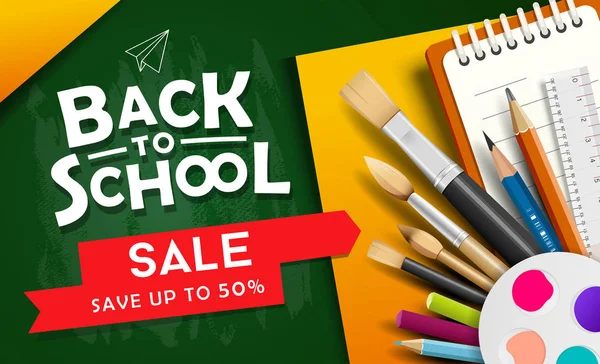 Back School Vector School Supplies Sale Design Green Yellow Background — Stock Vector