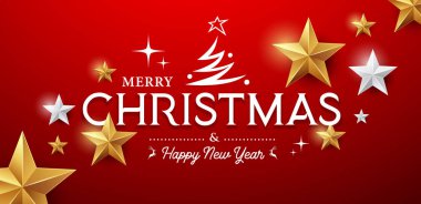 Mutlu Noel mesaj vektör, altın yıldız ve kırmızı arka plan, çizimler üzerinde gümüş yıldız tasarımı