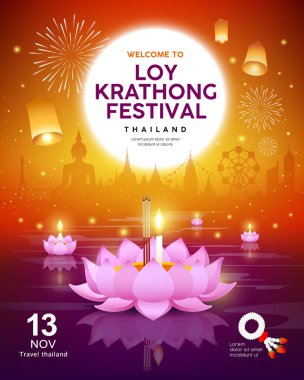 Vektör Loy Krathong festival binası ve turuncu arka plan, illüstrasyon üzerinde dönüm noktası Tayland afiş