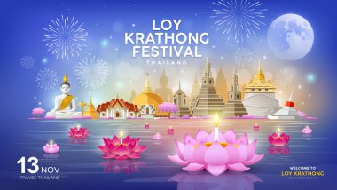 Mavi arka plan, vektör illüstrasyon üzerinde bina ve dönüm noktası Tayland afiş Loy Krathong festivaline hoş geldiniz