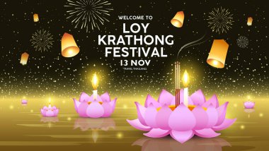 Altın arka plan, vektör illüstrasyon üzerinde Tayland afiş Loy Krathong festivali