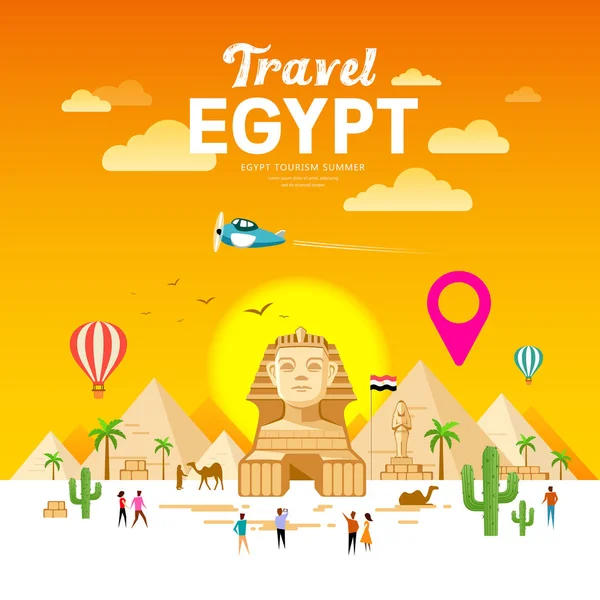 埃及旅游人向量 金字塔传统设计 夏季假期与点标记设计在黄色背景 — 图库矢量图片