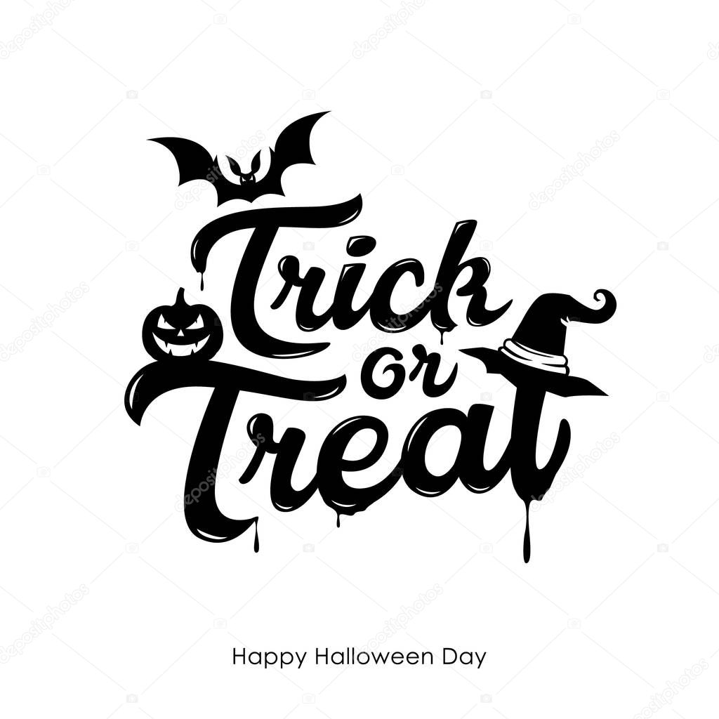 Halloween Trick or treat message vector, and bat pumpkin design isolated on white background, illustration
