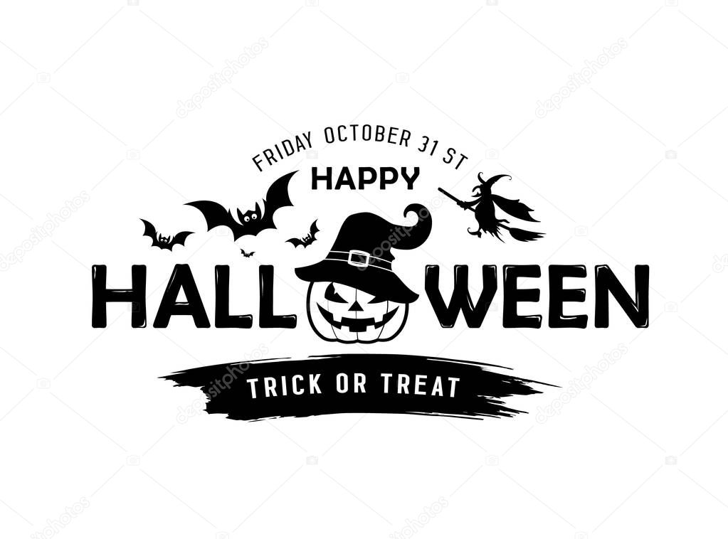 Happy Halloween vector message Pumpkin in a hat black and white design isolated on white background, illustrations