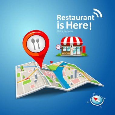 Kırmızı nokta işaretli katlanmış harita vektörü, restoran burada tasarım arka planı, illüstrasyon