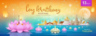 Tayland loy krathong festivali pankartları nehir üzerinde gece tasarımı, vektör illüstrasyonu