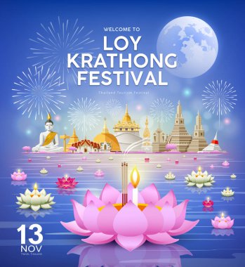 Loy krathong festivali, chao the river place in thailand background, vektör illüstrasyon