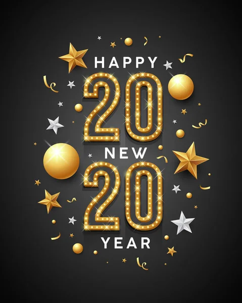 2020 Šťastný Nový Rok Zpráva Zlatý Bílý Design Hvězdou Černém — Stockový vektor