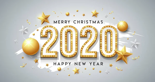 2020年新年快乐 圣诞快乐 白色背景星光下的金图案 矢量插图 — 图库矢量图片