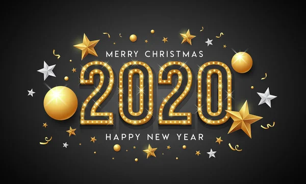 2020年圣诞节快乐 新年快乐 黑色背景上的金色和白色横幅图案 矢量插图 — 图库矢量图片