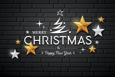 Merry Christmas message vector, gold stars and silver stars design on black block wall background, illustrations