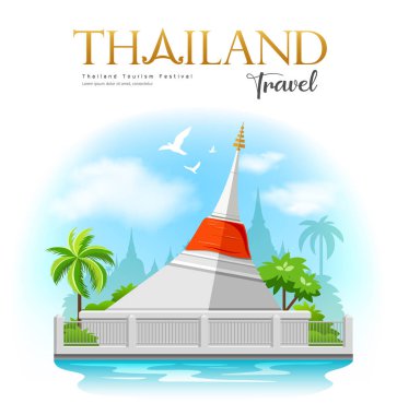 Kırmızı kumaşlı beyaz pagoda, ko kret, Nonthaburi Eyaleti Chao Phraya Nehri 'ndeki küçük ada, seyahat thailand, vektör illüstrasyonu