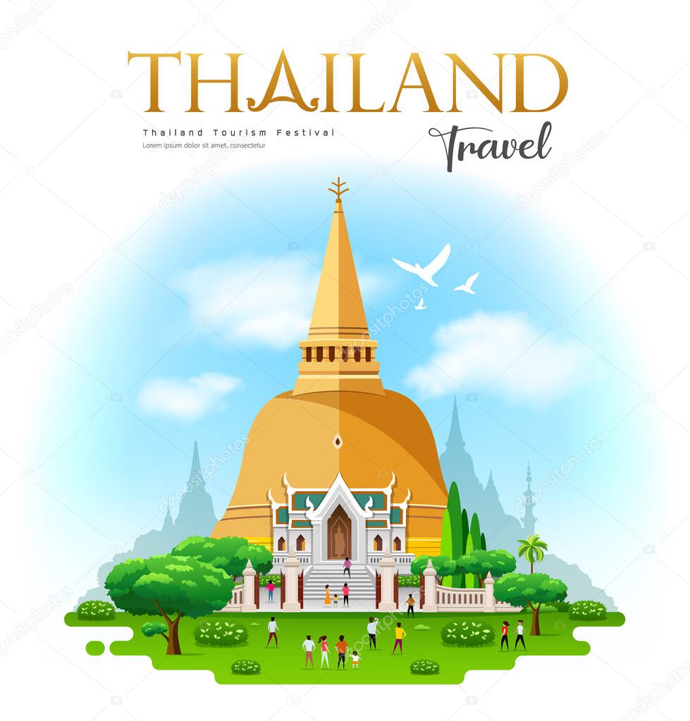 Phra Pathommachedi is a stupa in Nakhon Pathom, Thailand travel with people tourism design, on blue cloud and sky background, vector illustration