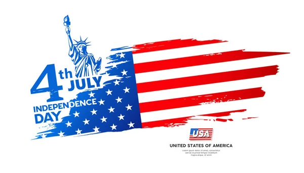 Slavnostní Vlajka Amerického Dne Nezávislosti Sochou Svobody Tahu Štětcem Design — Stockový vektor