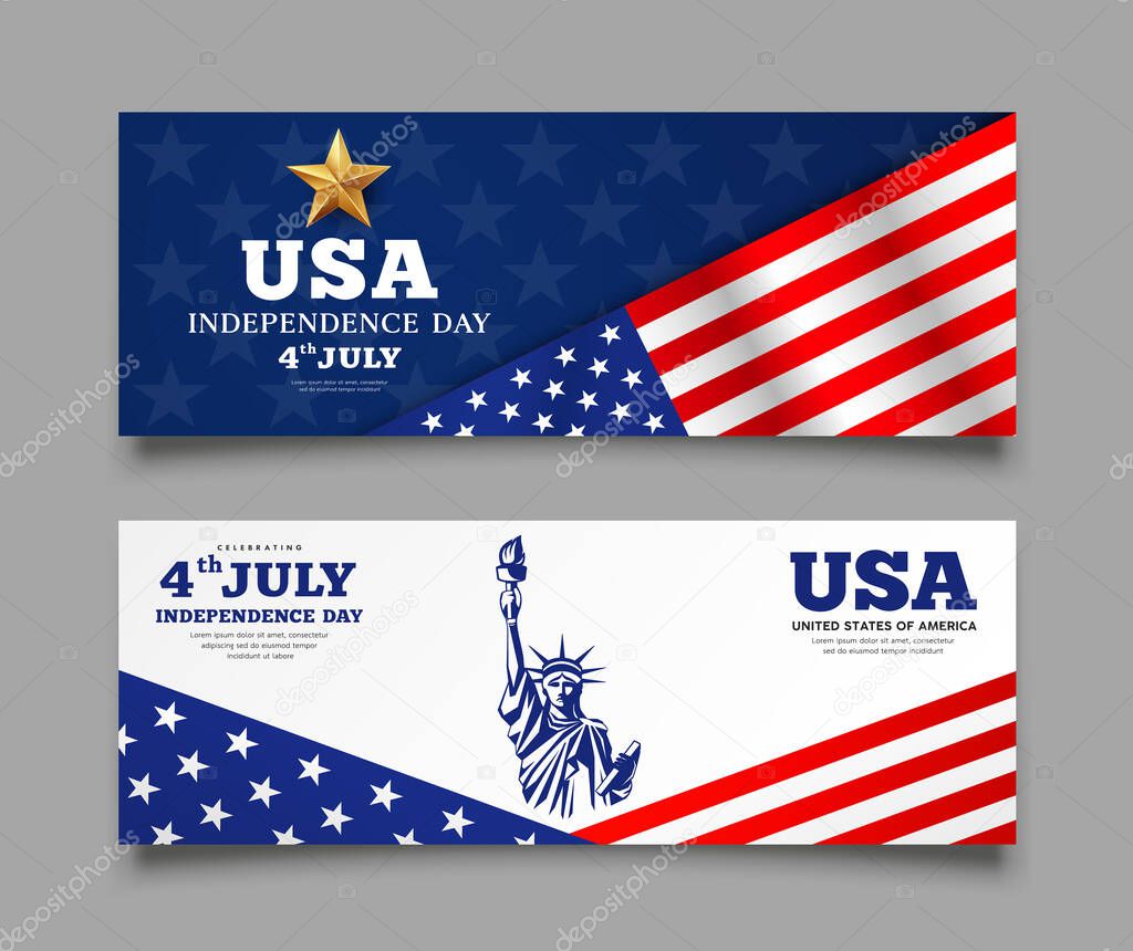 Banners Celebration flag of america independence day, with Statue of liberty design collections background, vector illustration