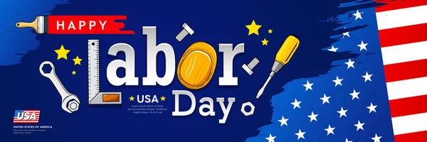 Glad Arbetsdag Flagga Amerikanska Penseldrag Hantverkare Verktyg Banner Design Blå — Stock vektor