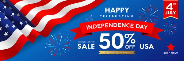 Szczęśliwy Dzień Świętowania Niezależności Flaga Ameryki Sprzedaż Banery Projekt Fajerwerki — Wektor stockowy