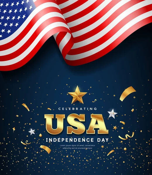 Αμερικανική Σημαία Κυματίζει Ημέρα Ανεξαρτησίας Χρυσό Κείμενο Ηπα Σχέδιο Σκούρο — Διανυσματικό Αρχείο