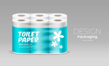 Plastik uzun rulo tuvalet kağıdı bir paket altı rulo, mavi şablon ve çiçek grafik tasarımı gri arkaplan, vektör illüstrasyonu