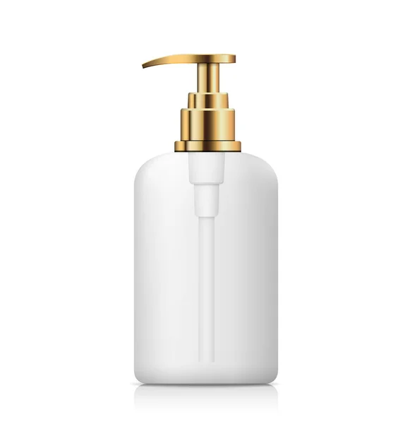 Pompa Bottiglia Prodotto Bianco Con Disegno Tappo Oro Isolato Sfondo — Vettoriale Stock