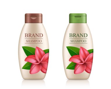 Renkli kapaklı krem şampuan şişesi, beyaz arka planda izole edilmiş Plumeria çiçek şablonu tasarımı, vektör çizimi