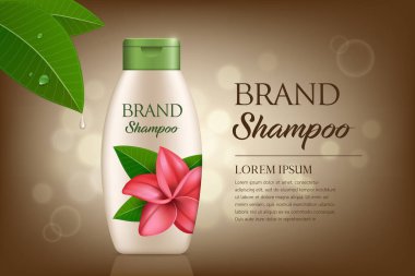 Yeşil kapaklı krem şampuan şişesi, Bokeh kahverengi arka planda Plumeria çiçek şablonu tasarımı, vektör illüstrasyonu