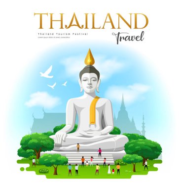 Büyük beyaz Buda, Suphan Buri Eyaleti Tayland seferi ve ağaç, bulut ve gökyüzü arkaplan tasarımı, vektör illüstrasyonu olan insanlar.