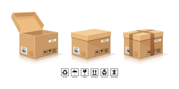 Brown Box Emballage Ouvert Fermé Avec Des Collections Symboles Isolés — Image vectorielle