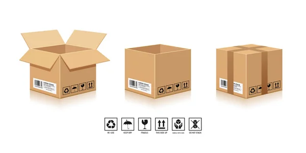 Verpackung Brown Box Mit Symbolsammlungen Isoliert Auf Weißem Hintergrund Vektorillustration — Stockvektor