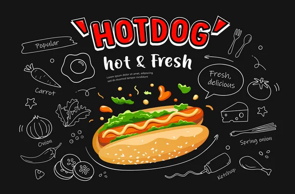 Hot Dog Vector Hot Fresh Food Drawing Black White Poster — Stock Vector