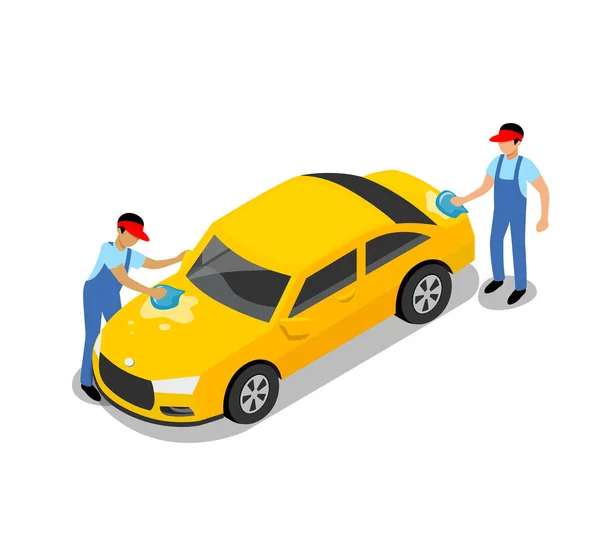 Pracownik Myjni Samochodowej Żółty Samochód Projekt Izolowany Białym Tle Ilustracja — Wektor stockowy