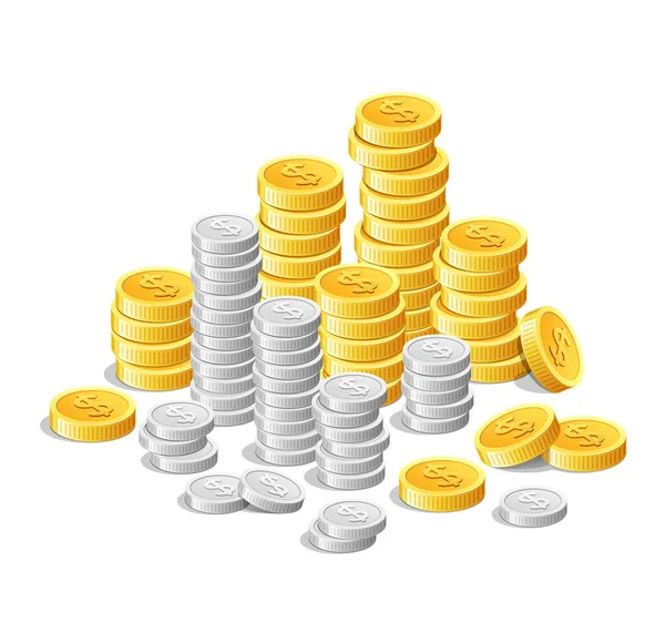 Золотые Серебряные Монеты Денежные Средства Финансирования Инвестиций Изолированы Белом Фоне — стоковый вектор