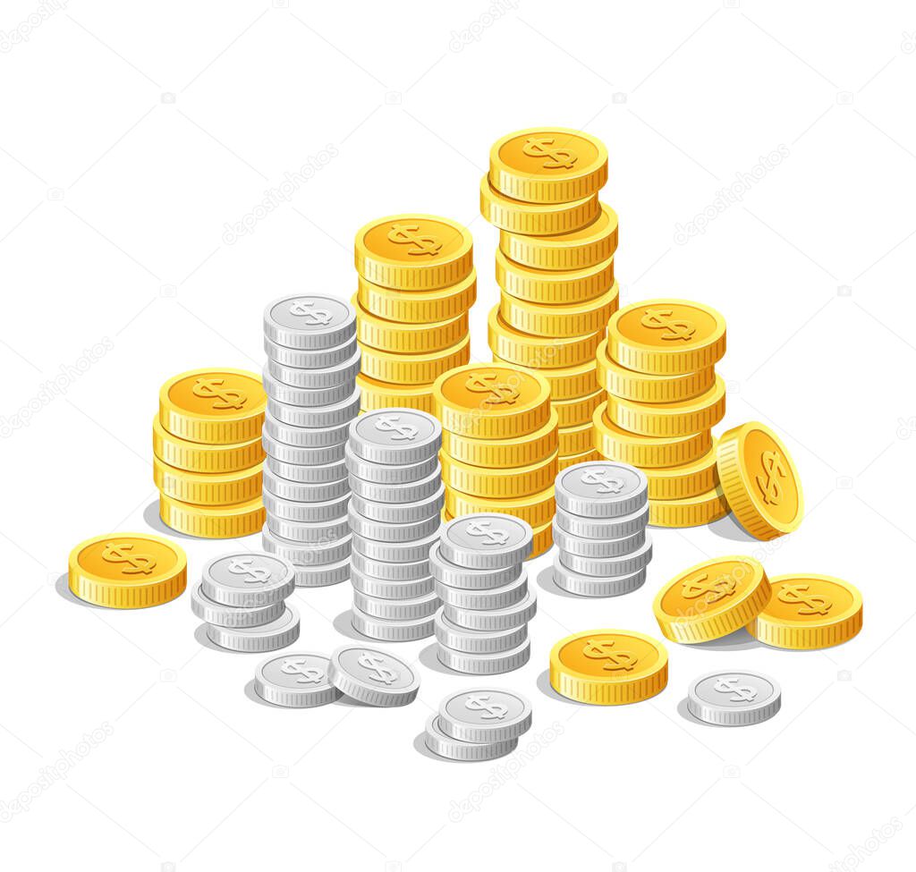 Gold coins and silver coins, money cash finance investment isolated on white background, vector illustration