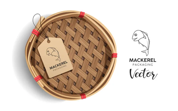 Verpakking Makreel Mand Product Realistisch Ontwerp Met Label Logo Vis — Stockvector