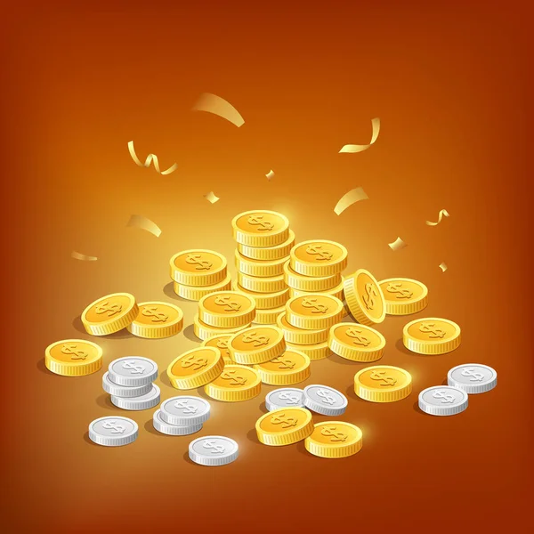 Geld Gouden Munten Zilveren Munten Concept Design Oranje Achtergrond Eps — Stockvector