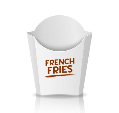 Patates kızartması beyaz kutu şablonu tasarımı. Beyaz arkaplanda izole edilmiş Eps 10 vektör illüstrasyonu