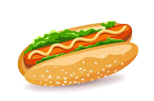 Hot Dog American Fast Food Sałatą Kiełbasą Projektu Izolowany Białym — Wektor stockowy