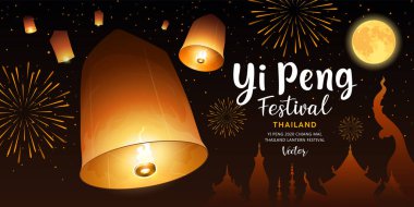 Yüzen fener, Loy Krathong ve Yi Peng Festivali Chiang Mai, Tayland 'da, havai fişek sağlama ve gece arkaplanı afişi, Eps 10 vektör illüstrasyon
