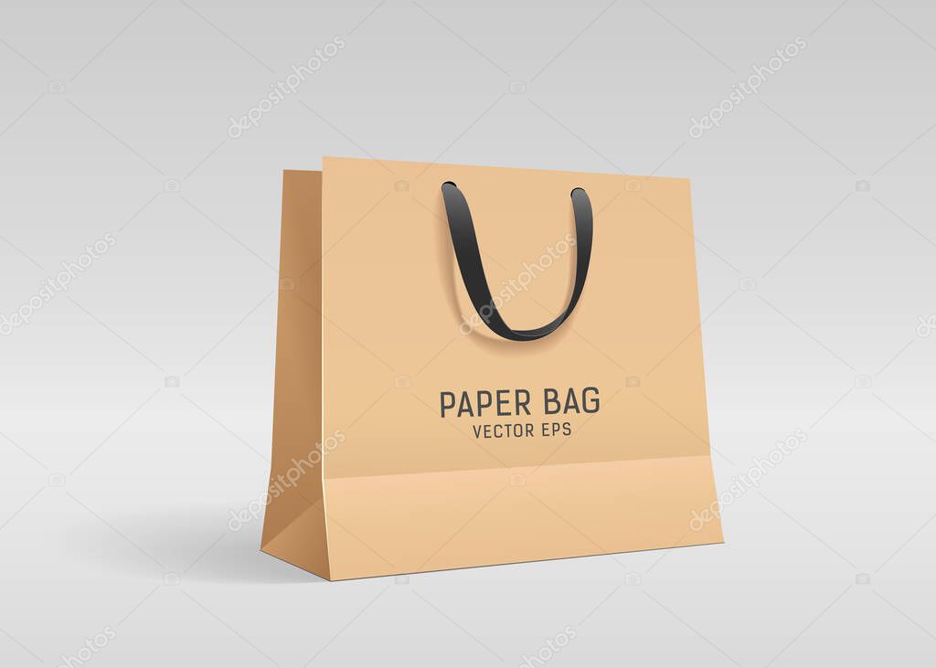 Brown paper bag, with black cloth handle design, template on gray background Eps 10 vector illustration