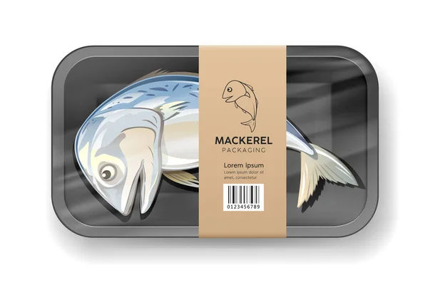 Mackerel魚1枚 ブラウンラベルのプラスチックパッケージに包まれた黒い泡のトレイ グレーの背景にデザイン Eps 10ベクトルイラスト — ストックベクタ