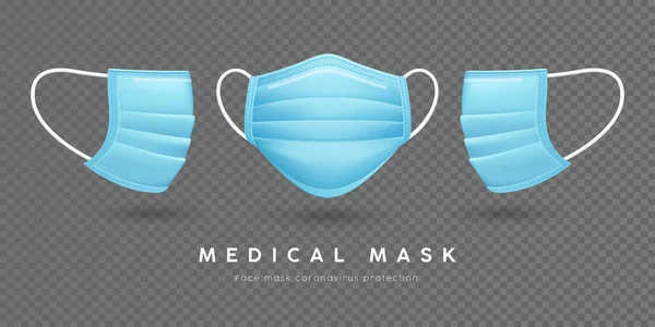 Máscara Facial Médica Azul Modelo Frontal Lateral Fundo Grade Transparente — Vetor de Stock