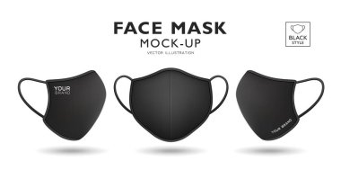 Yüz maskesi kumaşı siyah renk ön ve yan maketi, gerçekçi şablon tasarımı, beyaz arkaplanda izole edilmiş, Eps 10 vektör illüstrasyonu
